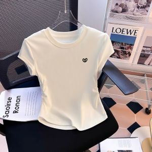 Korean Style Womens Heart Embroidered Cotton T-Shirt Pleated Cacual Top .C