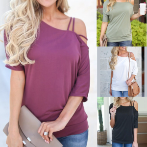 Comfortable Oversize Womens Tee With Short Sleeves Casual Loose Blouse Tees Polyester Fabric Slanted Tops For Summer