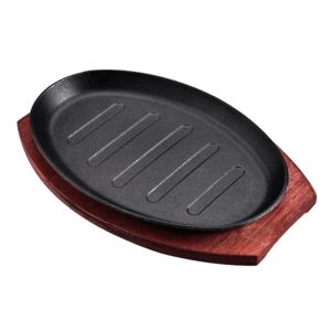 10 Inch Sizzling Plate with Wooden Base Sisig Plate Cast Iron Pan Non-Stick Steak Steak Grill Plate