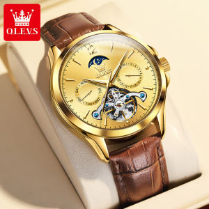 [Swiss Certification]OLEVS Watch For Men Original Waterproof Automatic 2024 Fashion Hollow Tourbillon Dial Design Imported Mechanical Movement Genuine Leather Strap Multifunctional Automatic Mechanical Mens Watch Pawnable