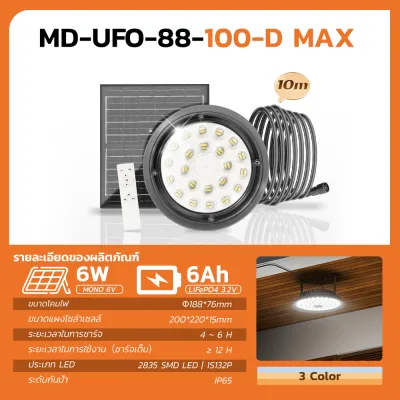 MODI โคมไฟUFOโซล่าเซลล์ Highbay รุ่นD MAX 100W/200W/300W/400W (แสง : ขาว/เหลือง/3แสง) รีโมทคอนโทรล สายไฟยาว10M IP65