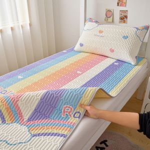 Rainbow Print Latex Cooling Bed Mat for Single Double Bed Summer Breathable Ice Silk Bed Pad Dormitory Soft Cool Sleeping Mat2026