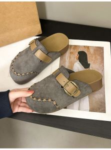 [Free Shipping] Vintage-style flat buckle closed-toe slippers for women 2026 summer new model soft-soled slip-on sandals for women to wear outside