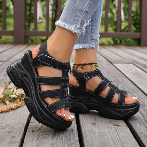 [Free Shipping] Plus-Size Wedge Sandals For Women New Summer Style Thick-Soled Soft Leather Comfortable And Easy On The Feet Suitable For Casual Wear And Versatile For Any Outfit Size 43