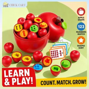 Montessori Apple Shape Sorter Wooden Puzzle Color Number Matching Fine Motor Sensory Learning Preschool Home Activity