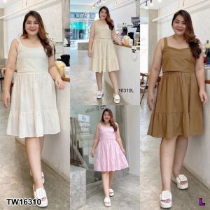 TW16310 Dress #Bigsize ชายระบาย ผูกโบว์หลัง เอวยางยืด