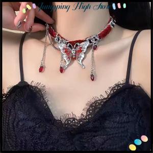 【Jumpping】 สร้อยคอ Y2K วินเทจสำหรับผู้หญิงสร้อยคอแฟชั่นแบบโกธิคประดับคริสตัลรูปผีเสื้อประดับพู่ห้อยคอ