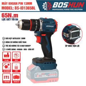 [ THÂN ]Máy Khoan Pin Boshun BS-ID1365BL Động Cơ Không Chổi Than Lực Siết 65N/m Đầu Kẹp 13mm Autolock