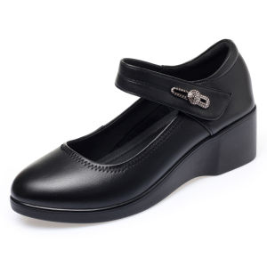 Size 35-40 Womens Thick Heels Leather Shoes Black Wedge Sandals Velcro Middle Heel Nurse Shoes