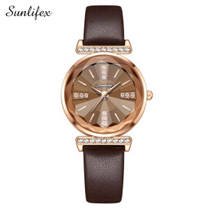 Sunlifex Jam Tangan Wanita Berlian Anggun Gaya Antik Tali Kulit Original Jam Tangan Cewek