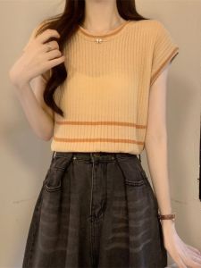 Atasan Wanita Dewasa Import Knit Lidi List Garis Lengan Pendek Terbaru