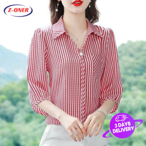 Z-ONER Striped Chiffon Shirt for Women Seven-point Sleeve Blouse Top
