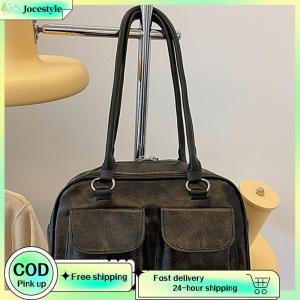 [Jocestyle Outdoor Mall]Women Stylish Sling Bag Double Pocket PU Vintage Shoulder Bag Solid Color Simple Commuting Bag Large Capacity Daily Bags