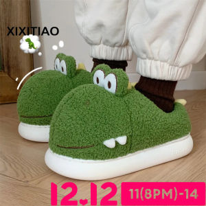 XIXITIAO Plush Warm Slugged Bottom Home Confinement Shoes Female Winter Full Heel Wrap Creative New Cute Three-Dimensional Dinosaur Cotton Slippers