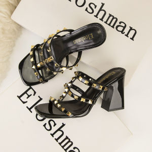 IELGY Summer Rome Party Simple Square Toe Stiletto Heel Heeled Studded Womens Slippers