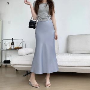 9 COLOR S-XL Korean Casual A-line Satin Palda Mermaid Wrap Long Skirt for Woman Highwaist No Slit
