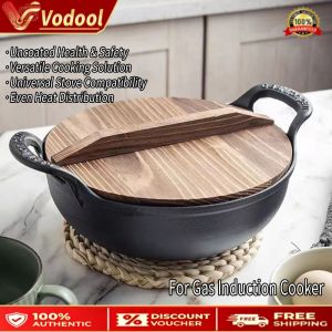 Cast Iron Pot Non Stick Uncoated Skillet Flat Bottom Fry Pan with Lid and Handle for Durable Cooking