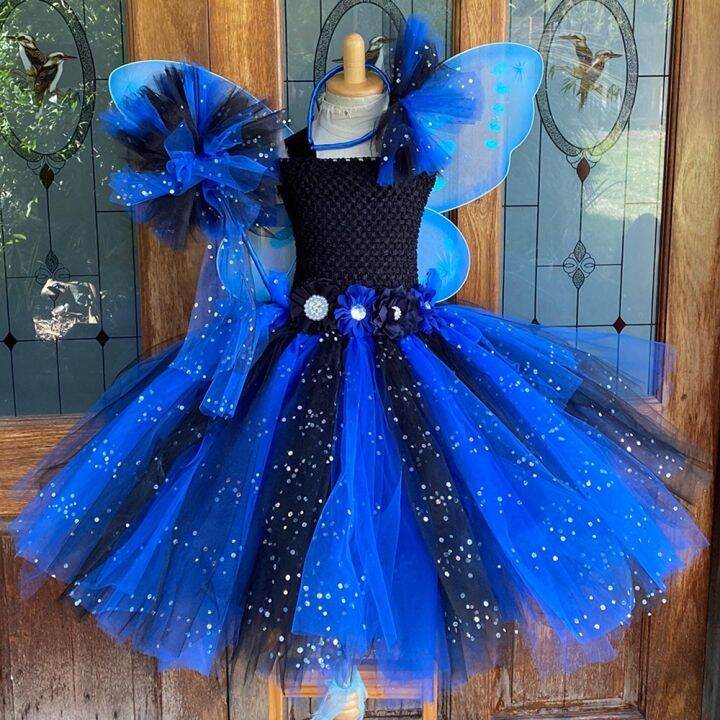 Girls Royal Blue Black Glitter Tutu Dress Kids Flower Fairy