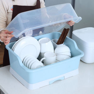 Kitchen Plastic Drain Bowl Rack With Cover Cupboard Put Dishes Tableware Storage Box Drying Dish Rack