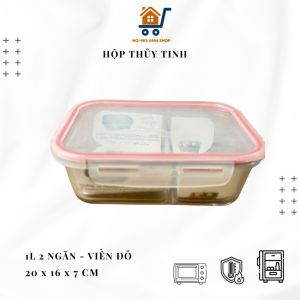 Hộp Mang Cơm Văn Phòng Chữ Nhật 1L - 2 Ngăn Nắp Viền Màu - Thuỷ Tinh Chịu Nhiệt Chống Tràn