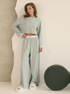 Muzuleva Spring New Two-Piece Long Sleeve Pants Pajama Set Womens Open Front Cardigan Style Fashion Homewear Pajama Set