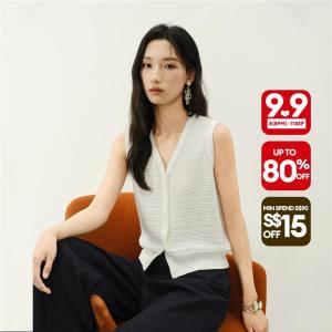 Giordano Women V-neck eyelet knit vest Free Shipping 18356713