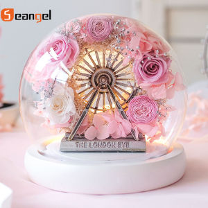 Seangel Newest Wedding Beauty And The Beast Red Rose In Flask Glass Dome For Valentines Day gift Womens Festival Home Table Decoration Eternal Flowers Couple gifts
