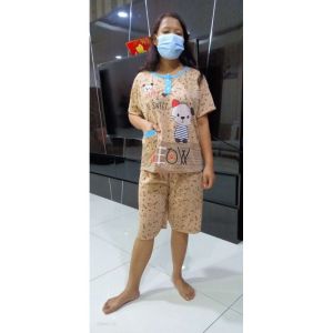 baju tidur wanita dewasa setelan satu set pendek jumbo bahan kaos serian muda bb max 85kg motif meoh