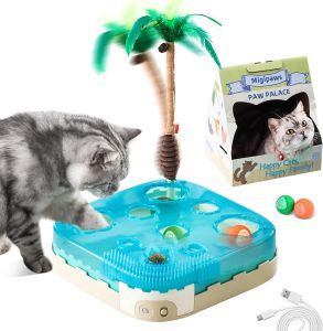 Migipaws 7-in-1 Interactive Cat Toy Motion Activated Indoor Playset with Automatic Pop Bounce Cat Ball Feather Palm Tree Wand Catnip Ball & Self-Grooming Cardboard House Rechargeable