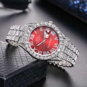 CLIBER 1pc Rhinestone Calendar Full Diamond Surface Roman Scale Alloy Steel Belt Watch Starry with Diamonds Mens Watch