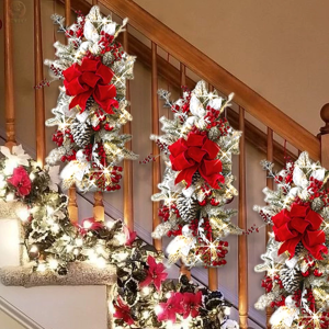 LED Artificial Garland Stair Wreath Prelit Christmas Wreath Garland Pine/Bow Light Up Cordless for Front Door Wall Window Stair