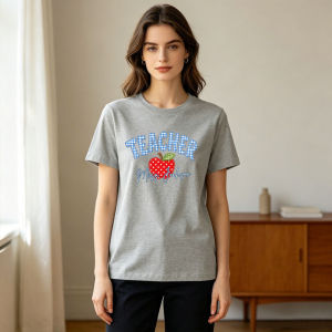 [Local Stock] HBESTY  Teacher Gingham Apple Star Book Women Cotton T Shirt Personalized Elementary Educator Campus Casual Top