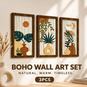 Wood Wall Hanging Decor Set Boho Hollow Leaf Pattern Rustic Home Art For Living Room