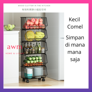 AWM Bakul Wire Beroda untuk dapur Bakul sayur Vegetable Basket with wheel multiple layer rack rak lapis for kitchen dry food storage organizer