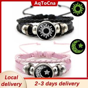 [COD] AqToCna Ship within 24 hours 2Pcs Luminous Couple Bracelets Sun Moon Adjustable Black Braided Bracelet Friendship Fashion Romantic Jewelry Birthday Gifts