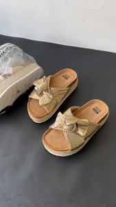 [Free Shipping] 2026 Summer Fashion Slip-On Thick-Soled Shoes With Crossed Bowknot Design Height-Increasing Cork Slippers