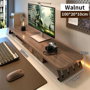 Wooden Monitor Stand 80/100CM Computer Riser Desk Organizer Laptop Shelf Home Office Gaming Dormitory Ergonomic Eye-Level Height Adjustable Sturdy Anti-Slip Easy Assembly Black Natural Wood