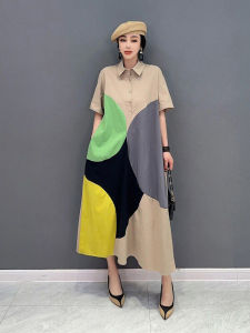 XITAO Contrast Color Print Shirt Dress Simplicity  Loose Short Sleeve Turn-down Collar Dress   ZY8451