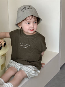 Childrens clothing lightweight summer outfit for boys letter-print short sleeves T Customized plaid shirt and shorts set