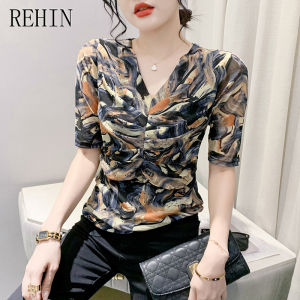 REHIN Summer new fashion printed V-neck pleated mesh hot drill short-sleeved T-shirt floral top blouse for women