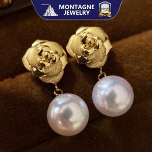 Montagne Jewelry 18k Pure Gold Earring for women Rose Design Fine Jewellery Natural 7-8mm Akoya Pearl Earrings Stud Earring