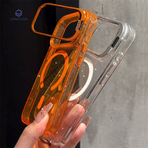 New Fold Metal Lens Bracket Glitter Clear Case For iPhone 18 Air 17 16 15 14 13 Pro Max Plus For Magsafe Charging Cover