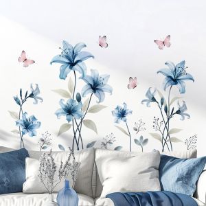 Decal Dán Tường Hoa Ly Xanh 3D Thanh Lịch Có Keo Sẵn 105x65cm - Trang Trí Phòng Khách Phòng Ngủ
