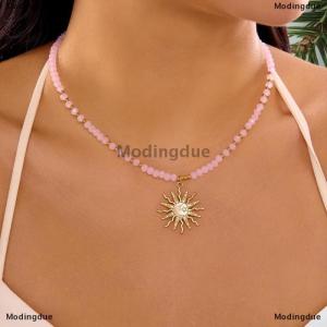 [COD] Modingdue Retro Golden-Toned Sun Pendant Necklace For Women Elegant Beaded Chain Choker Neck Statement Party Vintage Jewelry Gift
