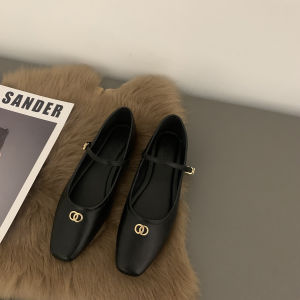 ali9 รองเท้าผู้หญิง Mary Jane สีดำส้นแบน 2024 คืนปีใหม่ Gentle Peas Summer Witch Ladyshoes