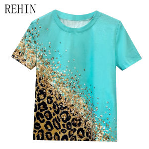 REHIN Summer new fashion unique blue color pattern printing short-sleeved T-shirt round collar elegant womens top