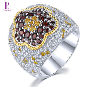 Lohaspie Jewelry Real 3.9 Carats Ring Silver 925 Original Natural Garnet Citrine Ring Real Gems Stone Ring Citrine Stone Original Ring Women Fashion Ring Garnet Birthstone Jewelry