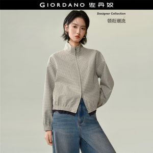 Giordano Women Jacquard plaid stand collar jacket Free Shipping 18376906
