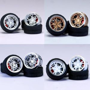 1/64 Wheels for Upgraded Mainline Cast Model Car True Rider SeriesDiameter is 0.39In Tree Fork Spokes 4 Sets/Pack ABS Wheels with Rubber Tires Rivet Shaft Metal Rims with Brake Pads (PS-C)
