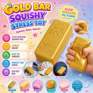 Allieuka Gold Bar Squishy Stress Toy Slow Rebound PU Squeeze Fidget Decompress Desk School Travel Gift